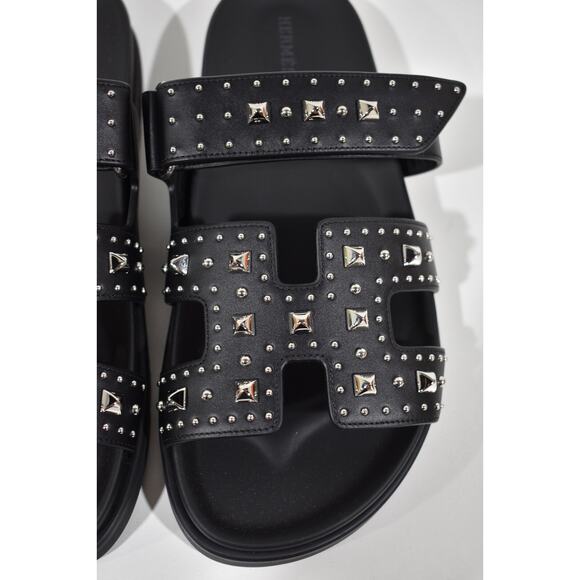 Hermes Chypre Sandal Black Studded Stud Punk Rock H Logo Strap Slide Flat 38 - Picture 9 of 16